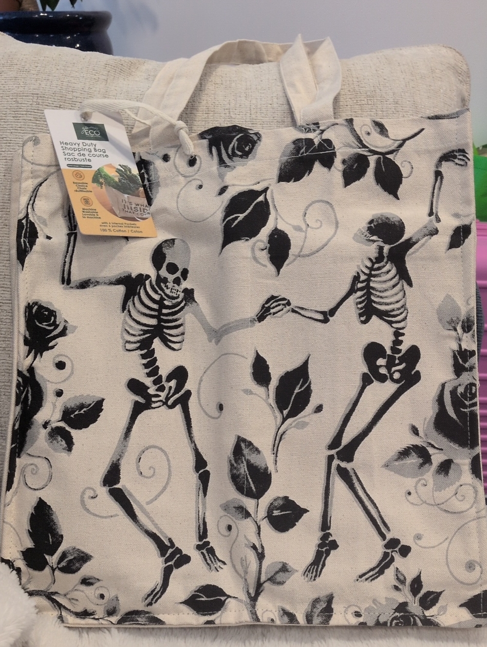 Black & Cream Skeleton Dance Canvas Shopper Bag